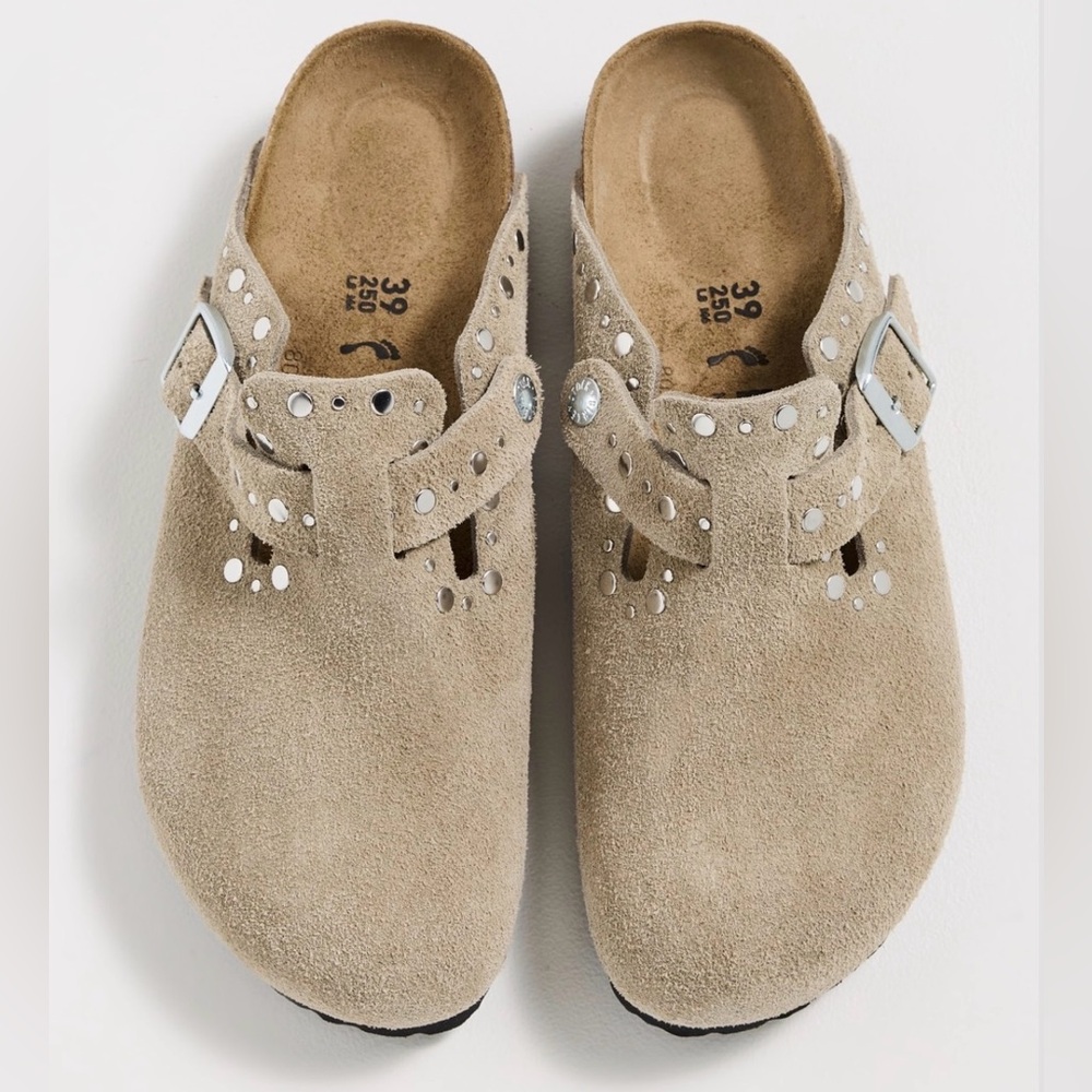 Birkenstock Beige Suede Clogs with Silver Studs
